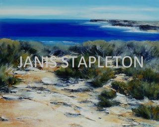 An Acrylic painting by Janis Stapleton depicting Seascape Beach with main colour being Blue Grey and Ochre and titled Wild Coast Sienna     