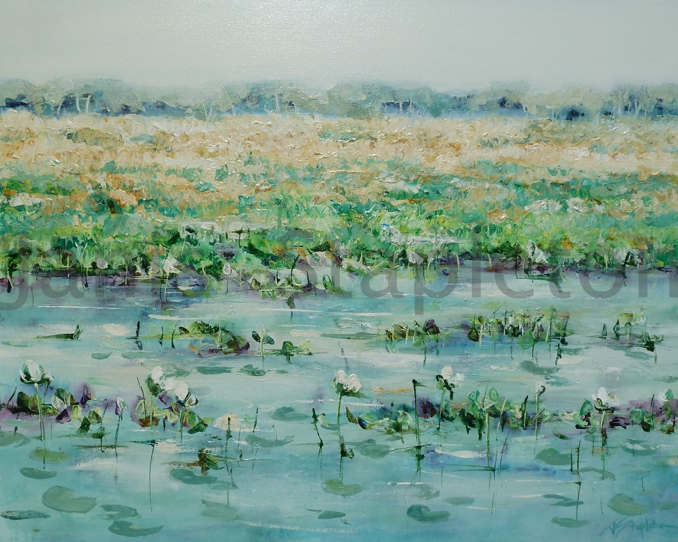 Acrylic Painting by Janis Stapleton titled White Lilies Yellow Waters Billabong 