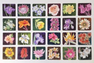 A Watercolour painting by Jan Long in the Realist style  depicting Flowers and Garden with main colour being Blue Cream and Green and titled Garden Beauty