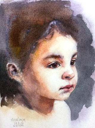 A Watercolour painting by Ekaterina Mortensen in the Contemporary Realist style  depicting Children with main colour being Brown and Pink and titled Curiosity