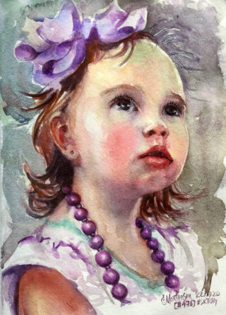 A Watercolour painting by Ekaterina Mortensen in the Contemporary Realist style  depicting Children and People with main colour being Grey Pink and Purple and titled Mummy's Beads