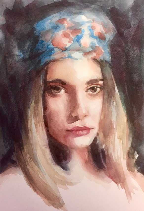 Watercolour Painting by Ekaterina Mortensen titled Young woman with blue scarf