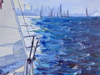 An Oil painting by Geoff Hargraves in the Impressionist style  depicting Boats Lake and Sea with main colour being Blue and titled Afternoon Sydney Sail