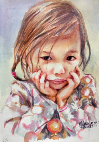 A Watercolour painting by Ekaterina Mortensen in the Realist style  depicting Children with main colour being Ochre Orange and Pink and titled Little Girl