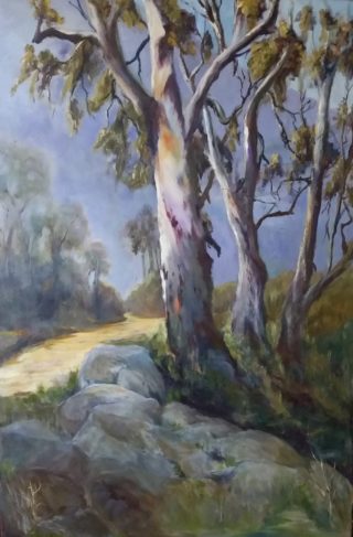 An Oil painting by Jeanette Akkanen depicting Trees Bush with main colour being Blue Brown and Ochre and titled Large Tree