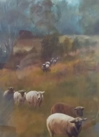 An Oil painting by Jeanette Akkanen in the Realist Impressionist style  depicting Landscape Animals Rural and Trees with main colour being Blue Brown and Olive and titled Sheep at Kurrajong