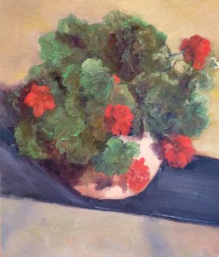 An Oil painting by Jeanette Akkanen in the Realist Impressionist style  depicting Flowers with main colour being Blue Green and Ochre and titled Geraniums