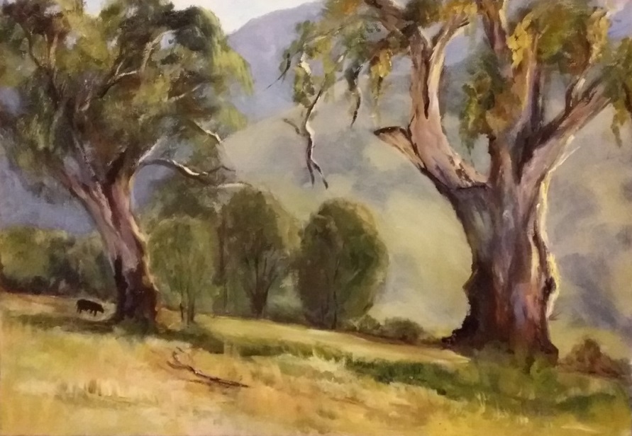 Oil Painting by Jeanette Akkanen titled Trees in Paddock with Bull