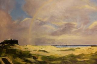 An Oil painting by Jeanette Akkanen in the Realist Impressionist style  depicting Landscape Beach Clouds and Hills with main colour being Blue Grey and Ochre and titled Lighthouse in Newcastle with Rainbow