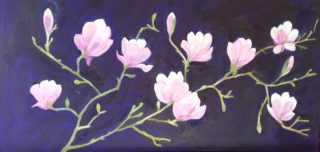 A  painting by Jeanette Akkanen depicting Flowers with main colour being Blue and Purple and titled Magnolias