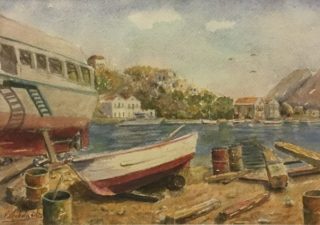 A Watercolour painting by Peter Michalandos depicting Landscape Boats Jetty and Water with main colour being Blue Brown and Ochre and titled Boat Yard