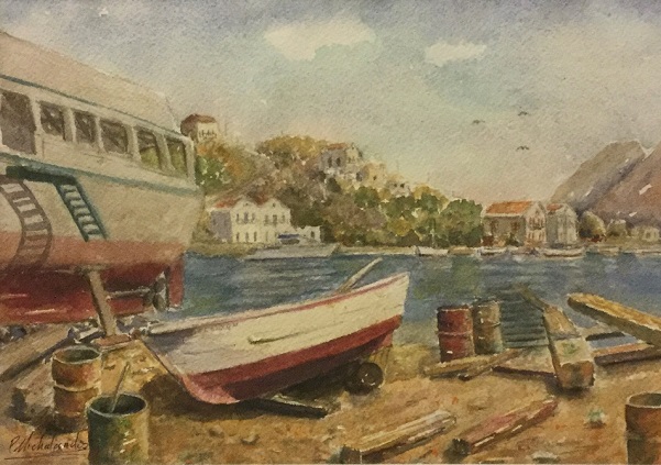 Watercolour Painting by Peter Michalandos titled Boat Yard