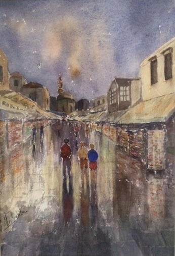 Watercolour Painting by Peter Michalandos titled Night Stroll