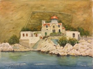 A Watercolour painting by Peter Michalandos depicting Landscape Buildings and Water with main colour being Blue Grey and Ochre and titled Seaside Church