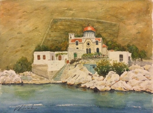 Watercolour Painting by Peter Michalandos titled Seaside Church