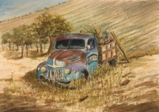 A Watercolour artwork by Peter Michalandos depicting  Bush and Cars with main colour being Blue Brown and Ochre and titled Retired Ute