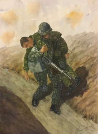 A Watercolour painting by Peter Michalandos depicting People with main colour being Brown Ochre and Olive and titled Mateship