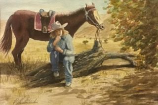A Watercolour painting by Peter Michalandos Boy Horses and Outback with main colour being Blue Brown and Ochre and titled What's next