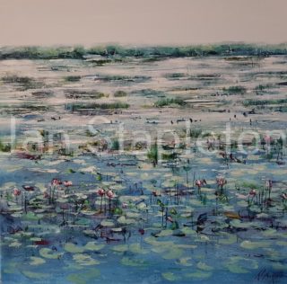An Acrylic painting by Janis Stapleton depicting Landscape Flowers Outback and Swamp with main colour being Blue and Olive and titled Morning Mist Kakadu