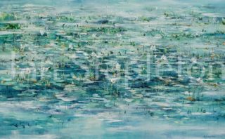 An Acrylic painting by Janis Stapleton depicting Landscape Outback Swamp and Water with main colour being Blue and Green and titled White Lily Billabong