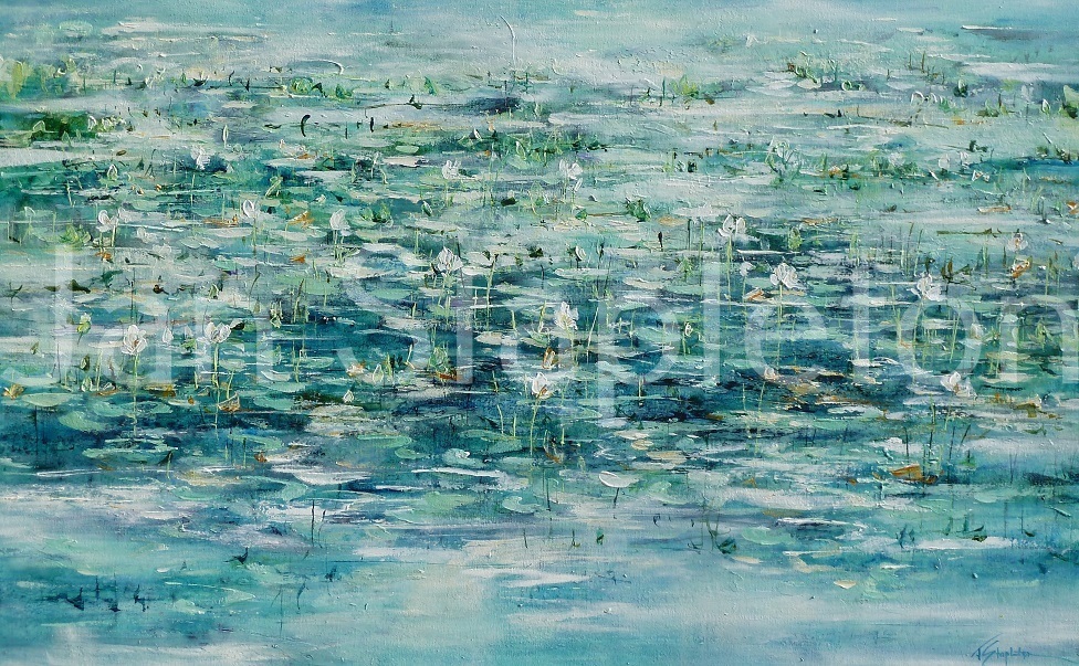 Mixed Media Painting by Janis Stapleton titled White Lily Billabong