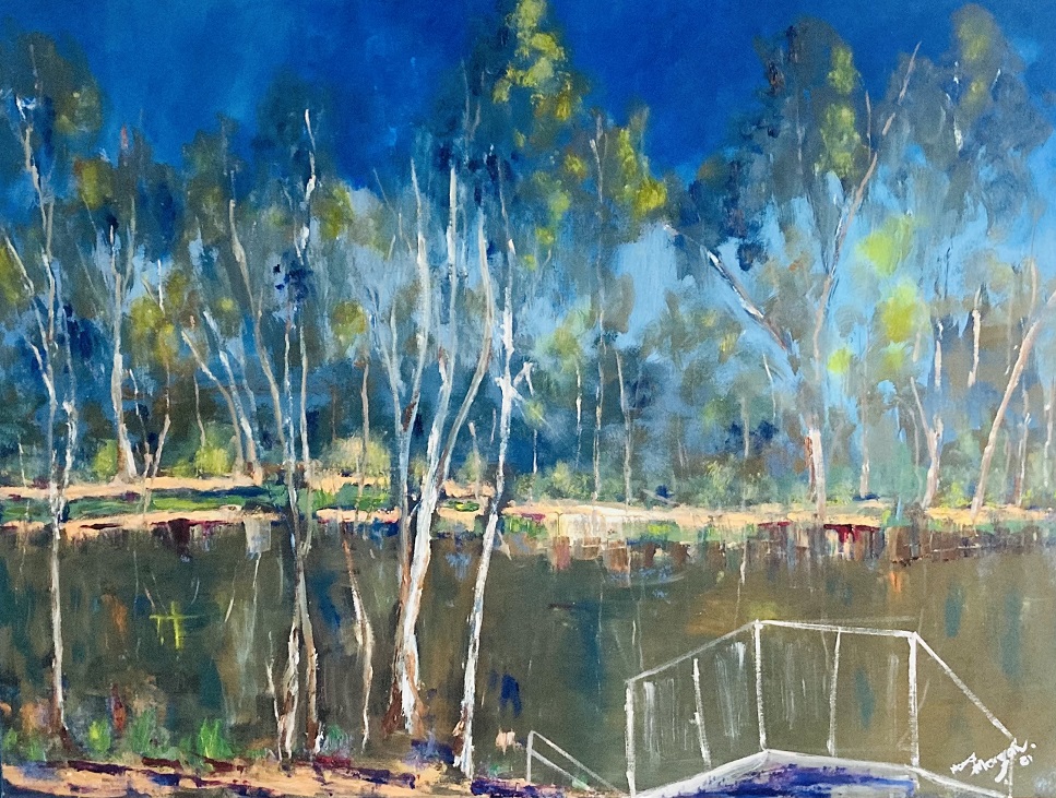 Oil Painting by Margaret Morgan Watkins titled Echuca - A Beautiful Spring Day on the Murray