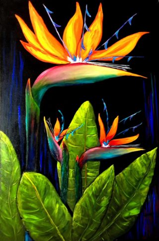An Acrylic painting by Georgina Walsh depicting Flowers with main colour being Black Green and Orange and titled Bird of Paradise