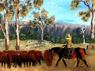 An Acrylic painting by Georgina Walsh depicting Landscape Animals Man and Outback with main colour being Blue Brown and Olive and titled The Drover