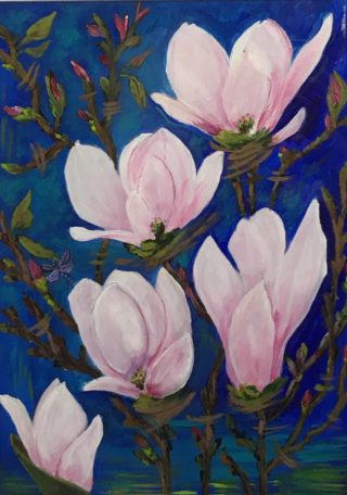 An Acrylic painting by Georgina Walsh depicting Flowers with main colour being Black and Pink and titled White Magnolia