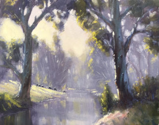 An Oil painting by John Rice in the Impressionist style  depicting River Bush and Creek with main colour being Blue and Green and titled Misty Morning On The Cudgegong