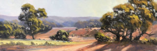 An Oil painting by John Rice in the Impressionist style  depicting Desert Farmland and Outback with main colour being Green and Orange and titled On dares Hill Road, SA