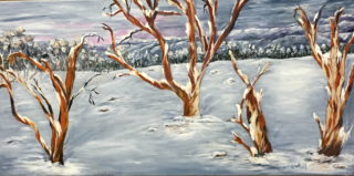 An Acrylic painting by Georgina Walsh in the Contemporary Realist style  depicting Snow and Trees and titled Snow Gums