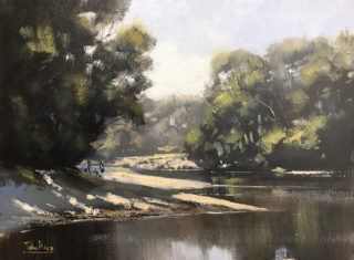 An Oil painting by John Rice in the Impressionist style  depicting River Bush and Rural with main colour being Green and Orange and titled The Nepean At Menangle