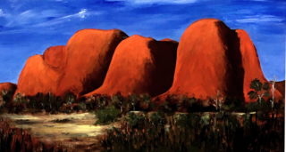 An Acrylic painting by Georgina Walsh in the Contemporary Realist style  depicting Landscape Desert and Mountains with main colour being Blue Green and Orange and titled Olgas