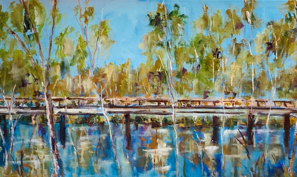 Oil Painting by Margaret Morgan Watkins titled Old Trestle Bridge Across the Goulburn in Seymour