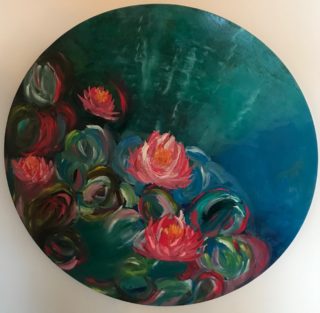 An Acrylic painting by Amal Khouri depicting Flowers with main colour being Blue Green and Pink and titled Water Lilies