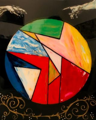 A Mixed Media painting by Amal Khouri in the Expressionism style  with main colour being Black Blue and Red and titled Stained Glass Window