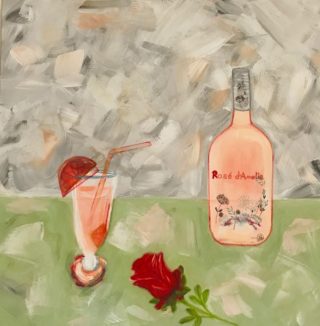 An Acrylic painting by Amal Khouri in the Contemporary style  Bottles and Flowers with main colour being Green Grey and Pink and titled Rose de Amelie