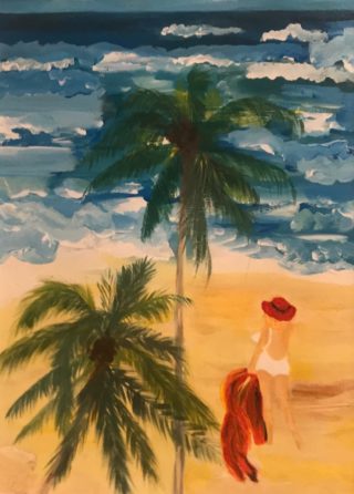 An Acrylic painting by Amal Khouri in the Contemporary style  depicting Beach Tropical and Woman with main colour being Blue Green and Red and titled Seaside