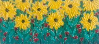 A Mixed Media artwork by Amal Khouri in the Expressionism style  depicting  Flowers with main colour being Blue and Yellow and titled Sunflowers