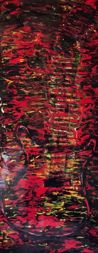 A  painting by Amal Khouri in the Abstract style  Music and titled Hot Guitar 