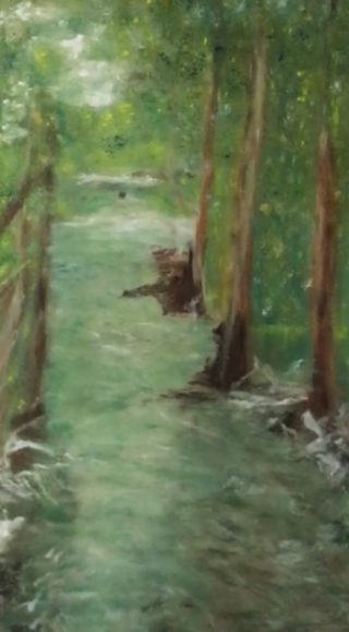 An Oil painting by Amal Khouri River with main colour being Green and titled The River      