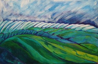 An Acrylic painting by Olga Megele in the Contemporary style  depicting Landscape Rural with main colour being Blue and Green and titled Dynamic Landscape