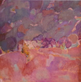 An Oil painting by Melissa Fraser in the Contemporary style  depicting Landscape Farmland Garden and Mountains with main colour being Grey Orange and Pink and titled Automne