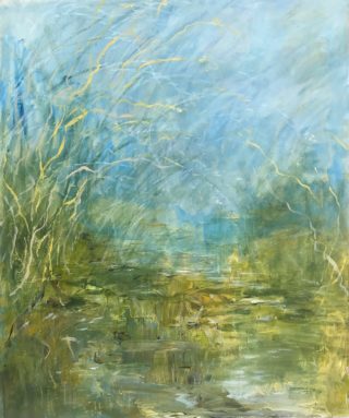 An Acrylic painting by Helen Paulucci in the Semi-Abstract Impressionist style  depicting Landscape Swamp and Water with main colour being Blue Ochre and Olive and titled Peaceful Pond