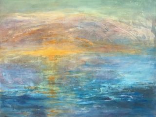 An Acrylic painting by Helen Paulucci in the Semi-Abstract Impressionist style  depicting Seascape Sunrise with main colour being Blue Cream and Olive and titled Illawarra Sunrise