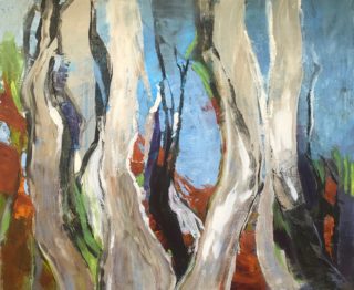 An Acrylic  painting  by Australian artist Helen Paulucci in the Semi-Abstract Impressionist style  depicting Trees with main colour being Blue, Cream and Grey and titled Our Aussie Gum Trees