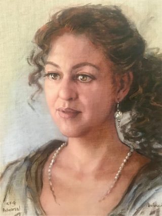 An Oil painting by Helen Paulucci in the Realist Impressionist style  depicting Woman with main colour being Brown Ochre and Olive and titled Portrait of K F-G