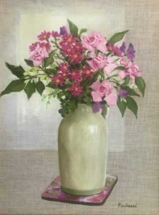 An Oil painting by Helen Paulucci in the Realist style  depicting Flowers and Vases with main colour being Grey Ochre and Olive and titled Posy