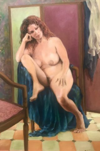 An Oil painting by Helen Paulucci in the Realist style  depicting Nude and Woman with main colour being Brown and Pink and titled Seated Nude